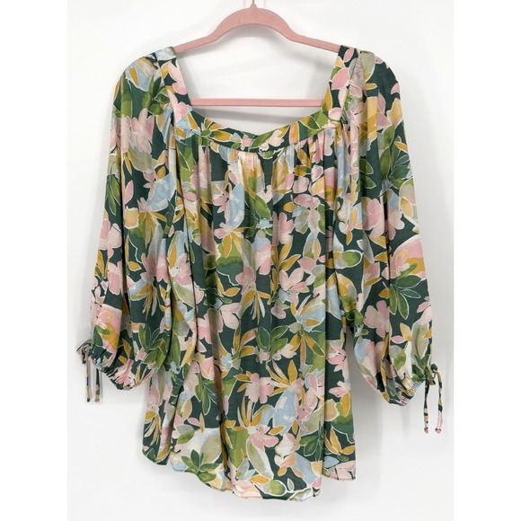 LC Lauren Conrad Tops - LC LAUREN CONRAD XL Long Sleeve Square Neck Tropical Blouse Coquette Feminine